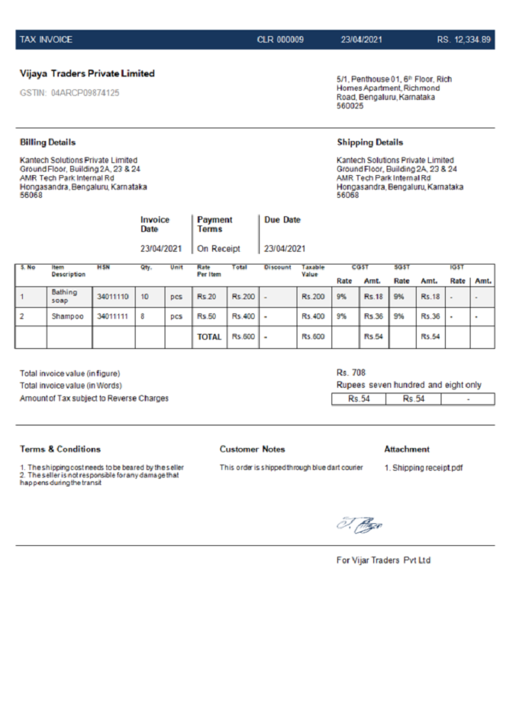 India Vijaya Traders Private Limited Company invoice PSD template